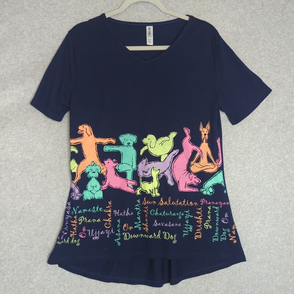Mac & Belle Women's Navy Blue Yoga Dog Graphic V Neck Short Sleeve Tunic Tee Top